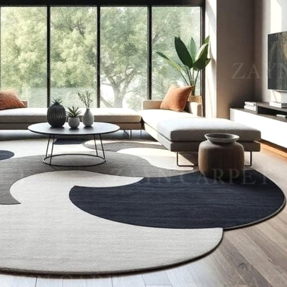 Handcrafted Round Monochrome Abstract Living Room Rug